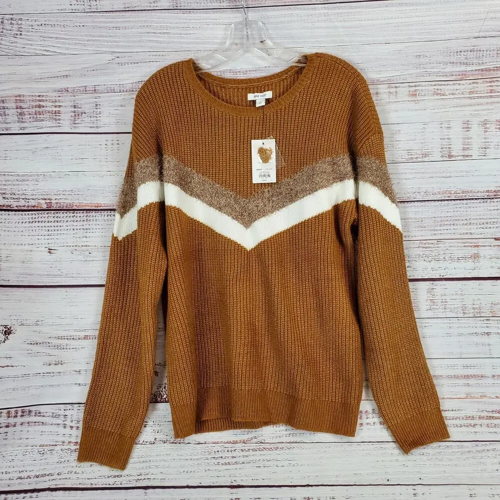 Nine West Women's Brown White Cable Knit Sweater Size L Chevron Colorblock NWT
